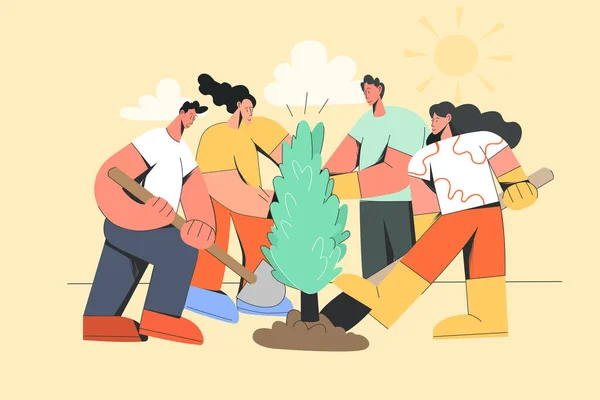 Grupp människor plantera träd tillsammans — Stock vektor