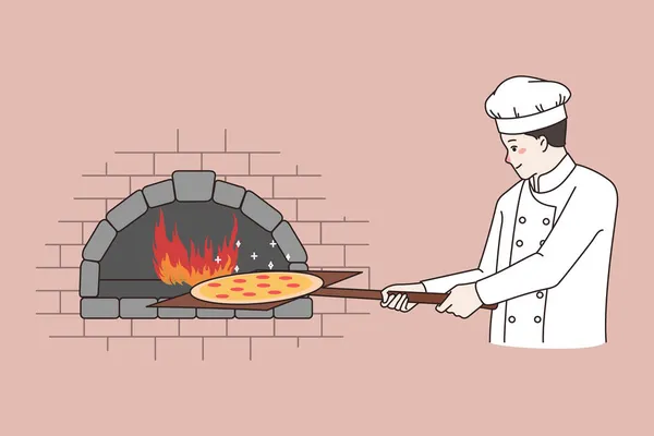 Chef cocinando pizza en horno de piedra en restaurante — Vector de stock