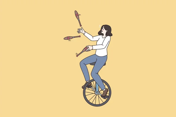 Kobieta jeździć jednokołowy żonglować kręgle — Wektor stockowy