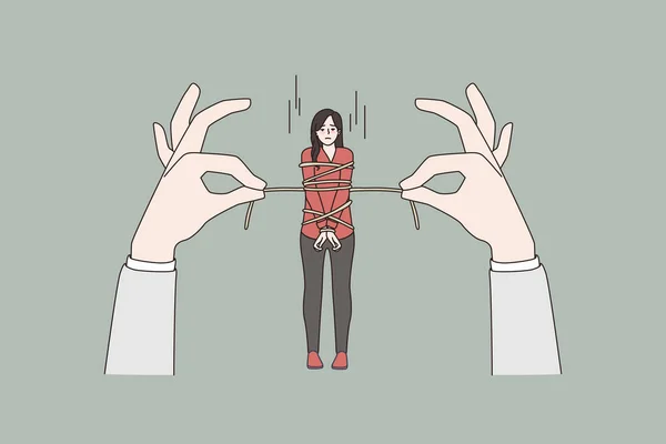 Mujer estresada atada con cuerda por manos enormes — Vector de stock