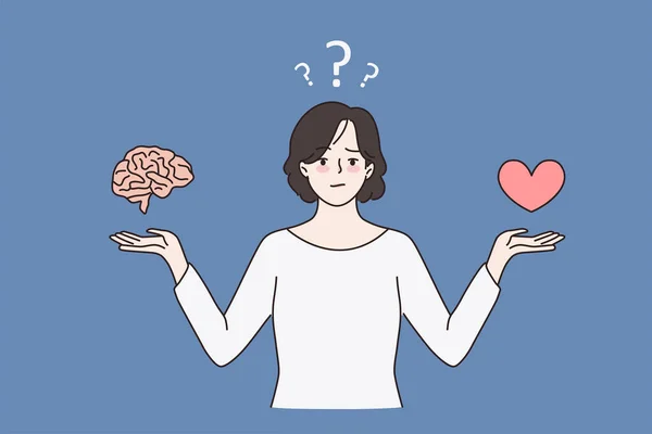 Mujer insegura elegir entre cerebro y corazón — Archivo Imágenes Vectoriales