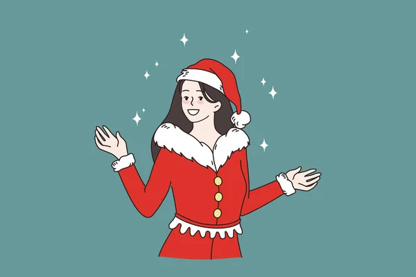 Sonriente Santa mujer saludando a la gente con vacaciones de año nuevo — Archivo Imágenes Vectoriales