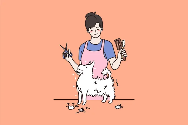 Mulher grooming aparar pequeno cão animal de estimação — Vetor de Stock