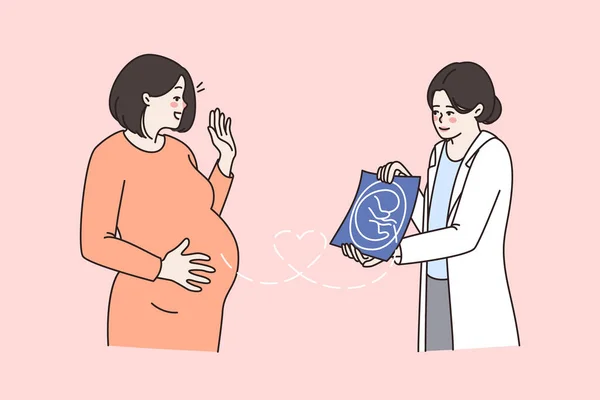 Médico mostrar bebé ultrasonido imagen a futuro mamá — Archivo Imágenes Vectoriales