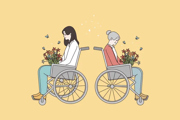 Šťastné zdravotně postižené ženy vzrušené s květinami kytice — Stockový vektor