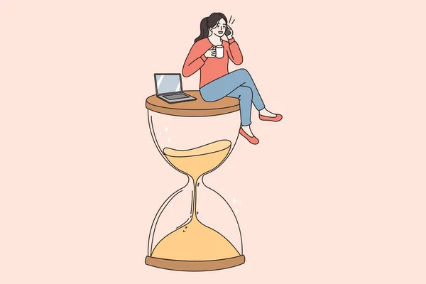 Smiling woman employee sit on hourglass talk on phone — Stock Vector
