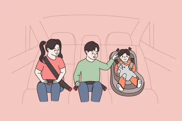 Щасливі троє дітей в машині використовують заходи безпеки — стоковий вектор