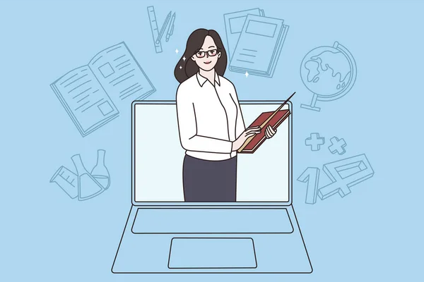 Gülümseyen öğretmen bilgisayardaki öğrencilerle çevrimiçi dersler alıyor 