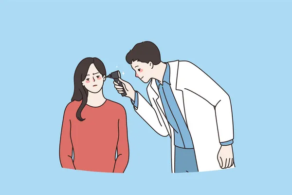 Otorrinolaringologista médico verificar lágrimas paciente na clínica — Vetor de Stock