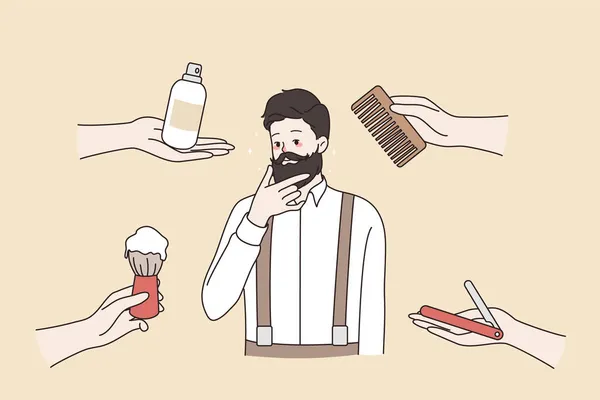 Kaukaski brodaty mężczyzna przed zabiegiem pielęgnacji włosów w salonie — Wektor stockowy