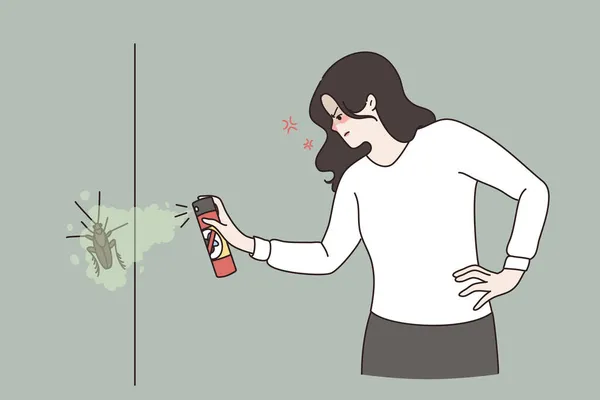 Mujer enojada mata insectos con spray químico — Vector de stock