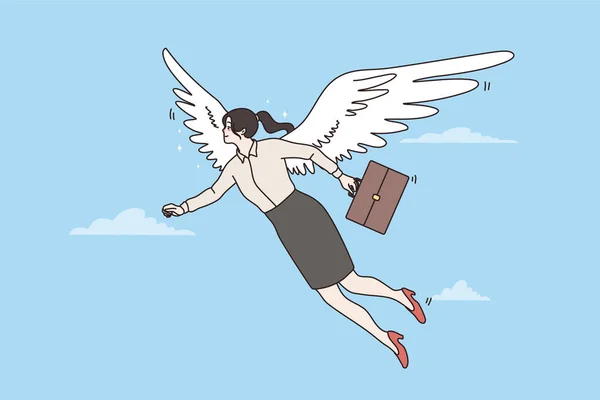 La donna d'affari felice vola su ali di successo — Vettoriale Stock