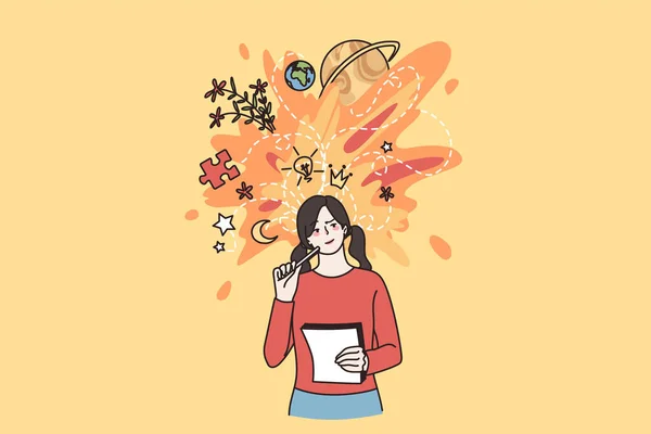 Milenial chica estudiante comprometido en el pensamiento creativo — Vector de stock