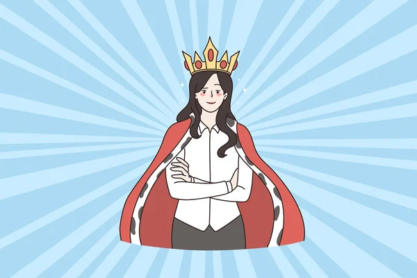 Femme d'affaires confiante dans la couronne et la robe font preuve de leadership — Image vectorielle