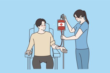 Female doctor help donor with blood donation in clinic  clipart