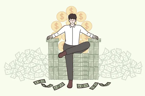 Heureux homme d'affaires assis sur la chaise pile d'argent — Image vectorielle