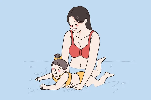 Learning to swim and happy parenthood concept. — Stock Vector