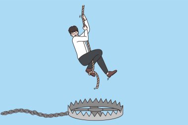 Scared man on rope afraid fall into trap  clipart