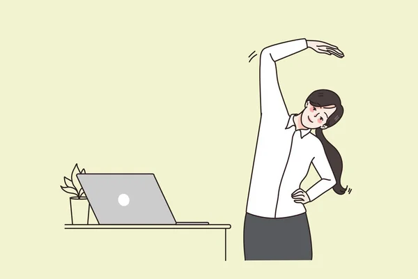 Businesswoman do gymnastika vlak na pracovišti stolu — Stockový vektor