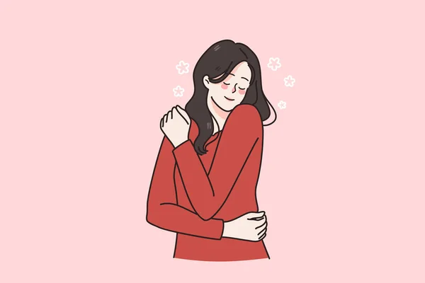 Счастливая женщина обнимается, чувствуя себя в безопасности — стоковый вектор
