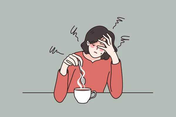 Mujer cansada beber café sufren de fatiga — Vector de stock
