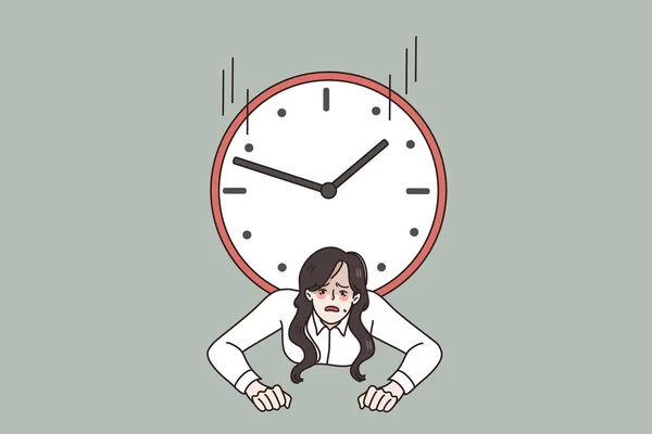 Stressato donna d'affari intrappolato da orologio angosciato con scadenza — Vettoriale Stock