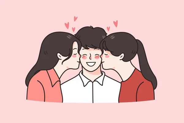 Las niñas beso alegre joven en las mejillas — Vector de stock