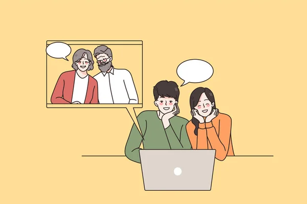 Glada par prata på videosamtal med föräldrar — Stock vektor