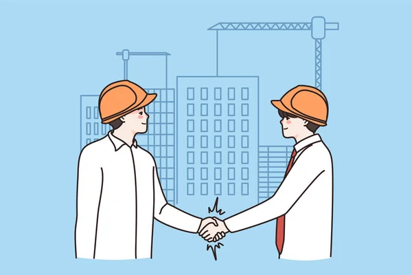 Glimlachende zakenmannen handdruk op de bouwplaats — Stockvector