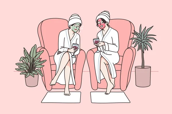 Glückliche Frauen entspannen am Wochenende gemeinsam im Wellnessbereich — Stockvektor