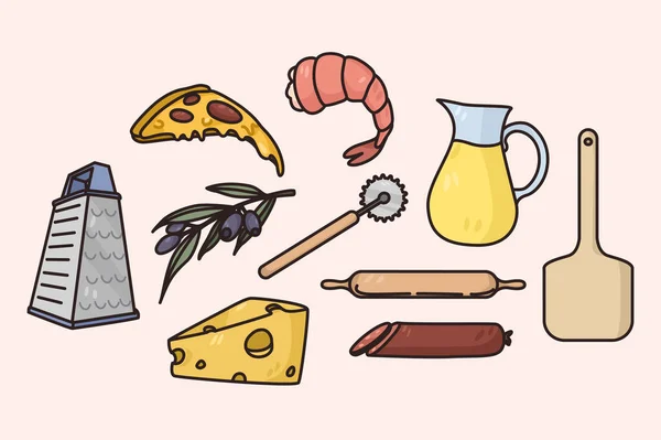 Çeşitli İtalyan mutfak ürünleri ve aletleri. — Stok Vektör