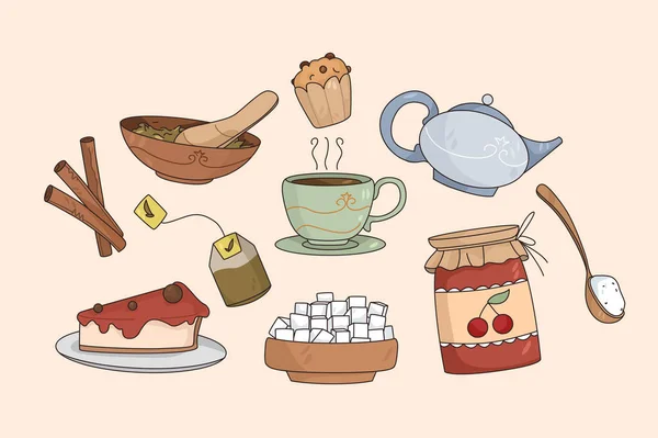 Conjunto de itens de chá e sobremesa —  Vetores de Stock
