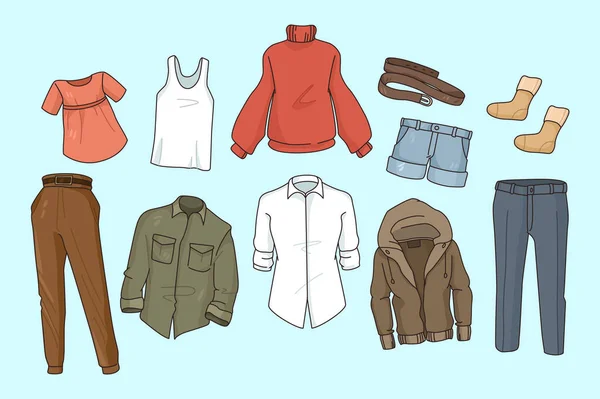 Sammlung verschiedener Kleidungsstücke für Männer und Frauen — Stockvektor