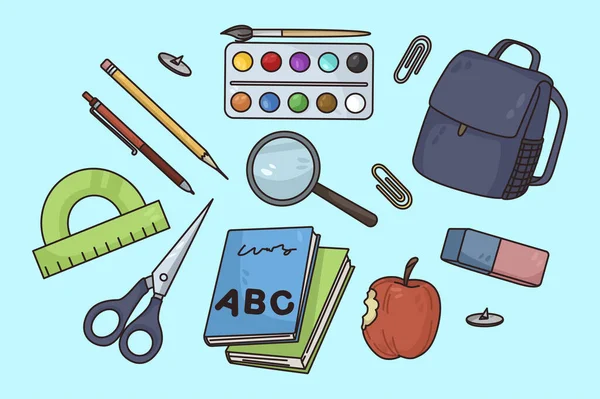 Kolorowy zestaw materiałów szkolnych dla ucznia — Wektor stockowy