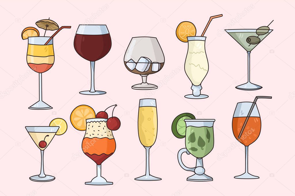 Set of alcoholic cocktails in glasses 