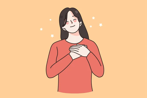 Glückliche Frau hält die Hände vor der Brust und ist dankbar — Stockvektor