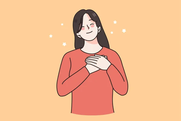 Mujer feliz cogida de la mano en el pecho se siente agradecida — Vector de stock