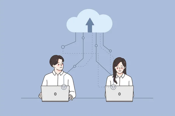 Podnikatelé pracují na počítačích pomocí cloudové služby — Stockový vektor