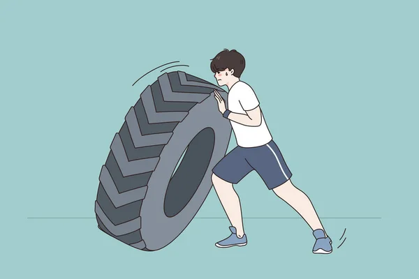 Sportsman push tire training in gym — Stock Vector