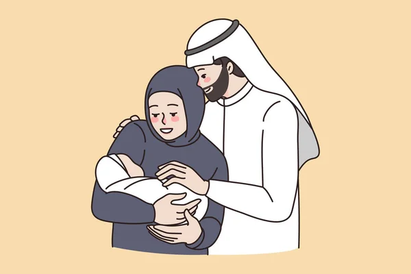 Familia árabe feliz con bebé recién nacido — Vector de stock