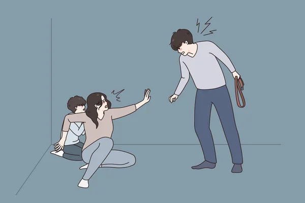 L'homme en colère menace la femme et l'enfant effrayés — Image vectorielle