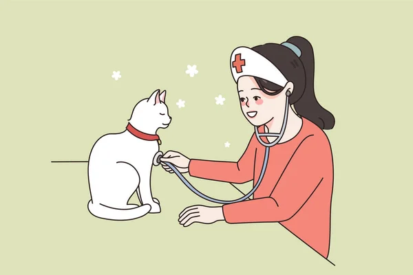 Prendre soin de la petite fille enfant agir comme vétérinaire médecin — Image vectorielle
