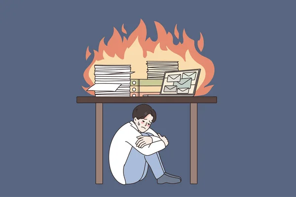 Ongelukkig man onder bureau gestrest met werk burn-out — Stockvector