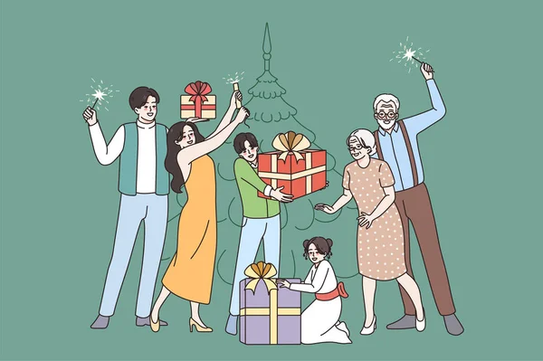 Счастливая большая семья празднует Рождество рядом с елкой — стоковый вектор