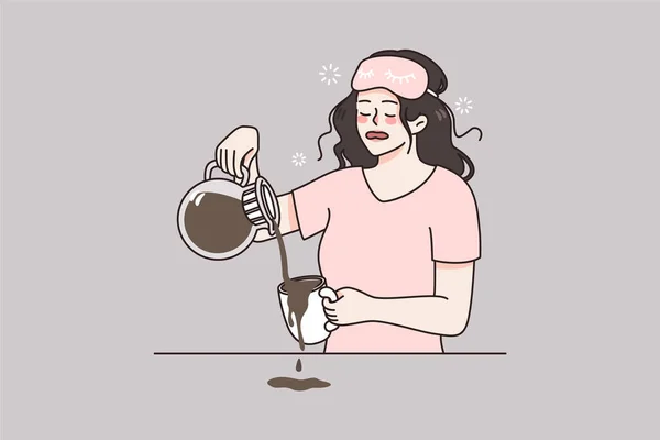 Mujer somnolienta derrama café temprano en la mañana — Vector de stock
