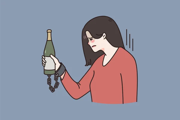 Mulher infeliz com garrafa sofre de dependência de álcool —  Vetores de Stock