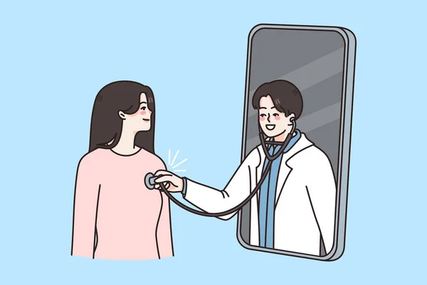 Mutlu kadın hasta doktorla çevrimiçi görüşüyor. — Stok Vektör