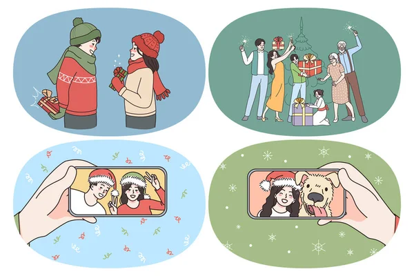 Celebración en línea y concepto de Navidad. — Archivo Imágenes Vectoriales