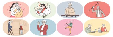 Set of diverse mature people enjoy good maturity days 
