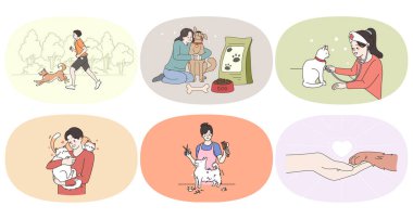 Set of pet owners take care of domestic animals 